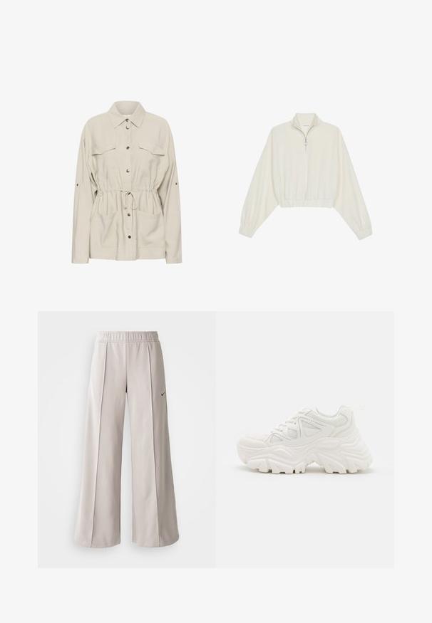 Kaffe Chaqueta fina - feather gray; Sudadera cropped en tejido crema, con cuello alto, cierre de media cremallera, dobladillo y puños elásticos, con una textura suave y un diseño minimalista.; Pantalones de pierna ancha en gris claro, confeccionados con una tela suave. Presentan una cinturilla elástica y el logotipo negro de Nike en el lado izquierdo.; Zapatillas deportivas blancas y gruesas con un upper texturizado, paneles de malla y suelas de goma gruesas con un patrón de relieve prominente. Incluyen cordones y una lengüeta.