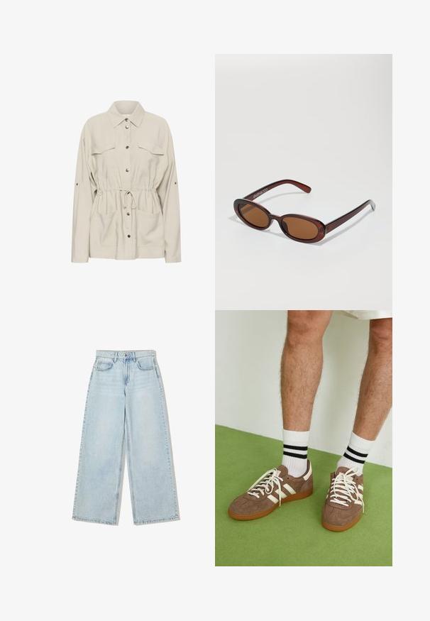 Kaffe Summer jacket - feather gray; Long-sleeve top in cream-colored fabric, featuring a slight gathering at the sides and a classic collar. Smooth texture, simple design.; Light blue wide-leg jeans made of denim, featuring a high waist, five-pocket design, and visible stitching along the seams.; Brown suede sneakers with white accents and laces. Rubber gum sole. Worn with white socks featuring black stripes. Green textured flooring.; Round, brown-tinted sunglasses with a glossy burgundy frame. Slim arms with subtle branding detail. Flat lens design.