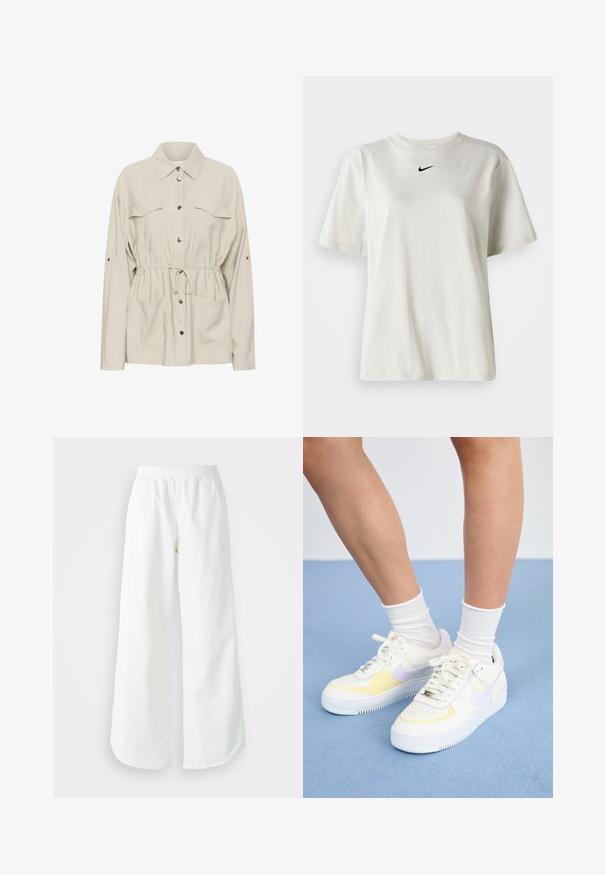 Kaffe Poletna jakna - feather gray; Bela bomba iz bombaža z okroglim ovratnikom in kratkimi rokavi. Ima majhen črn Nike logotip na prsih. Preprost in neopazen dizajn.; Bela športna hlače širokega kroja z rebrastim pasom in diskretno logotipno podrobnostjo. Gladek material z sproščenim krojem in zoženim robom.; Bele usnjene superge z rumenimi in sivimi poudarki, okrogla noska, ravne vezalke in teksturiran gumen podplat. Nosi se z belimi nogavicami.
