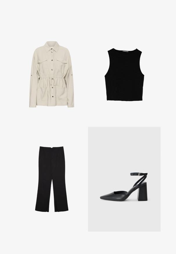 Kaffe Giacca leggera - feather gray; Top corto senza maniche nero realizzato in tessuto liscio, con scollatura rotonda e un design pulito e semplice, privo di pattern o accessori.; Pantaloni neri a gamba dritta, con tasche frontali e spacchi laterali all'orlo. Realizzati in tessuto morbido e liscio. Adatti a diverse occasioni.; Pump in pelle nera con punta affusolata, cinturino alla caviglia e tacco spesso. Texture piatta, design elegante ed estetica minimalista.