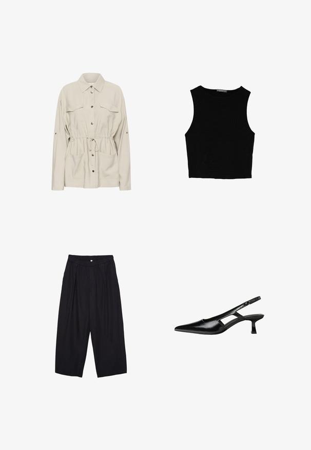 Kaffe Kevyt takki - feather gray; Musta hihaton crop-top, joka on valmistettu sileästä kankaasta, jossa on pyöreä kaula-aukko ja siisti, yksinkertainen muotoilu ilman kuvioita tai varusteita.; Musta polyesterinen culotte-housut, jossa on joustava vyötärö, kaksi etupleettiä ja löysä siluetti. Ei näkyviä kuvioita tai metallisia yksityiskohtia.; Mustat lakatut nahkakengät, joissa on viistopää, leikattu sivusuunnassa ja pieni neliökoroke. Sujuva pinta, jossa on minimaalinen koristelu.