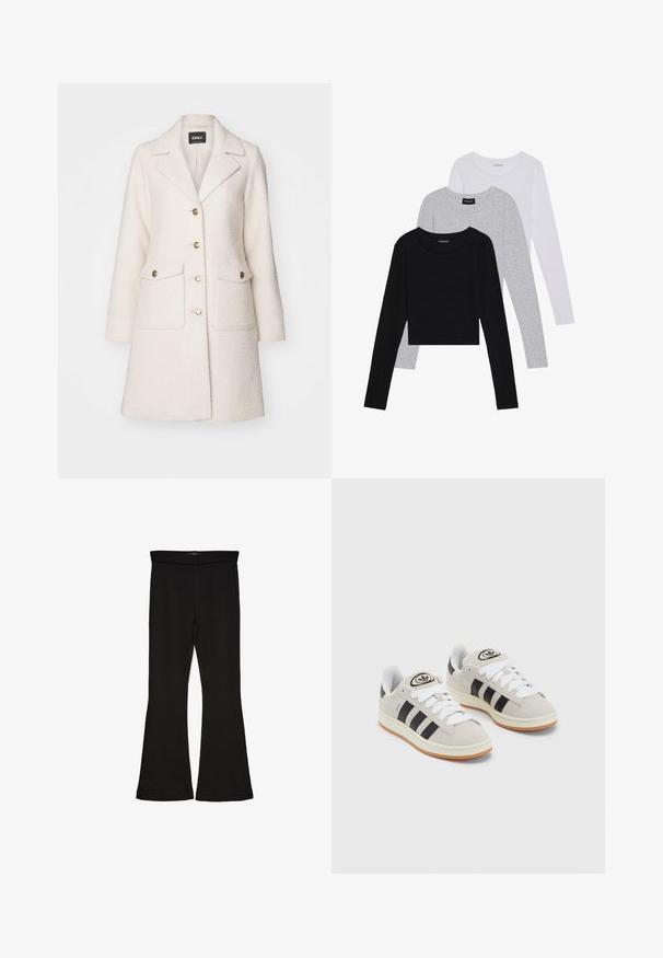 Biely kabát z vlnenej zmesi s prehĺbeným golierom, dvojradovým zapínaním, zlatými gombíkmi a dvoma prednými vreckami. Mäkká textura a stredná dĺžka.; Tričko s dlhým rukávom v troch farbách: čiernej, sivej a bielej. Každé má okrúhly výstrih a skrátený strih vyrobený z hladkej, ľahkej tkaniny.; Čierne legíny s flared strihom vyrobené z elastického materiálu. Majú široký pás a hladkú textúru, s priliehavým siluetom, ktorý sa na okraji rozširuje.; Sivé semišové tenisky s bielymi šnúrkami, čiernymi pruhmi a bielou gumovou podrážkou. Obsahujú okrúhly logo na jazyku a gumenú podrážku.