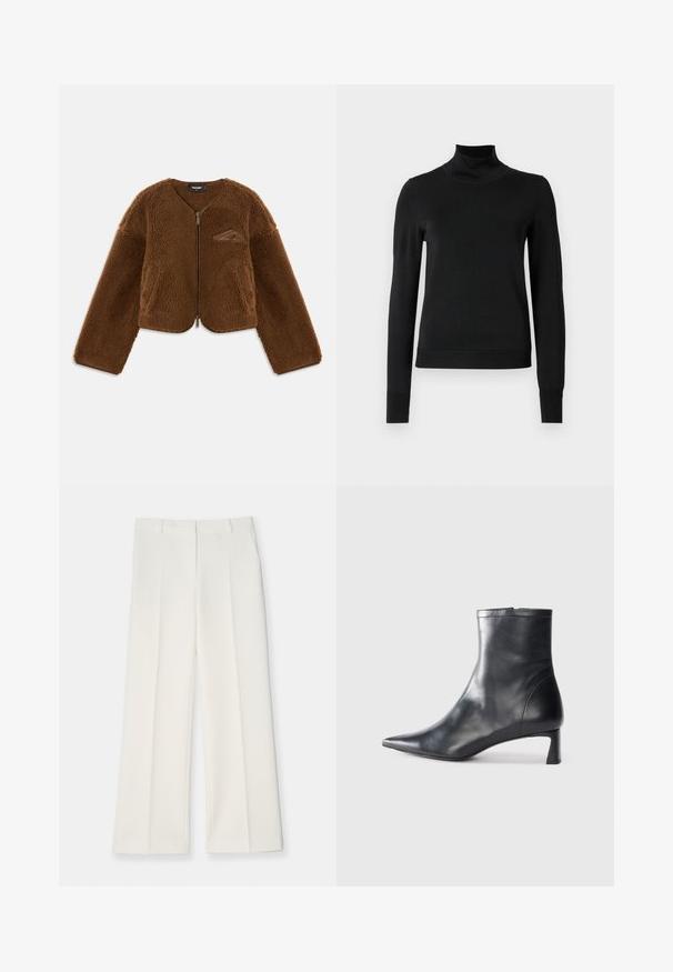 Bruine fleece jas met een ronde halslijn, ritssluiting aan de voorkant en voorzakken. Beschikt over een gestructureerd oppervlak en een klein logo op de borst.; Zwarte trui met lange mouwen en col, voorzien van geribde manchetten en zoom, weergegeven op een effen witte achtergrond.; Wijd geplooide broek van licht crèmekleurige stof, met een gladde textuur, voorkeursplooien en twee zijkanten. Op maat gemaakte tailleband.; Zwarte leren enkellaars met een spitse neus en een slank ontwerp. Heeft een lage hak en een ritssluiting aan de achterkant. Gladde textuur.