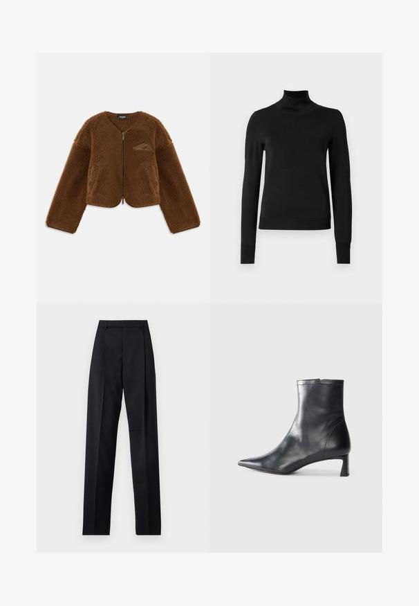 Giacca in pile marrone con scollatura rotonda, zip frontale e tasche anteriori. Presenta una superficie texturizzata e un piccolo dettaglio con logo sul petto.; Pullover nero a maniche lunghe con collo alto, rifinito con polsini e orlo a coste, mostrato su uno sfondo bianco semplice.; Pantaloni neri realizzati in tessuto morbido, caratterizzati da vita alta, gambe larghe, pince frontali e classiche passanti per cintura. Non ci sono tasche laterali visibili.; Stivaletto in pelle nera con punta affusolata e design elegante. Presenta un tacco basso e una chiusura con zip sul retro. Texture liscia.