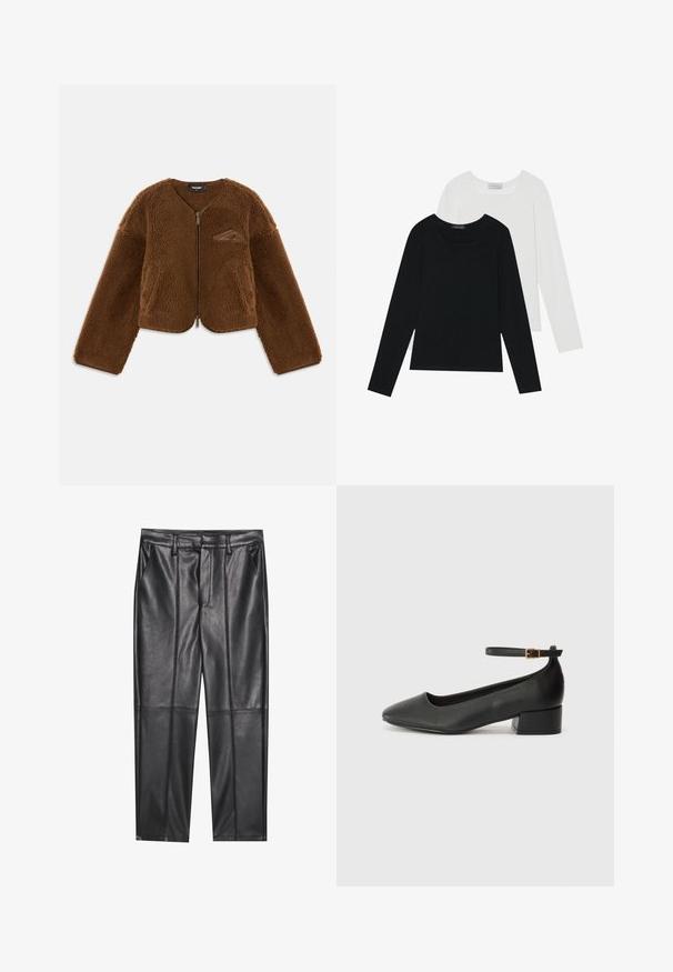 Veste en polaire marron avec un col rond, fermeture éclair à l'avant et poches avant. Dispose d'une surface texturée et d'un petit logo sur la poitrine.; Deux tops à manches longues, un noir et un blanc, tous deux avec un décolleté carré et fabriqués en tissu doux et extensible.; Pantalons en cuir noir avec une texture lisse, présentant une coupe droite, deux poches avant et des coutures visibles.; Escarpin en cuir noir avec un bout pointu et un petit talon bloc. Doté d'une bride de cheville avec une boucle dorée. Texture lisse.