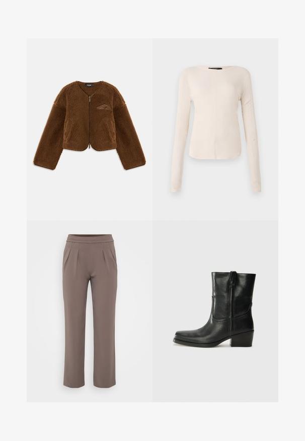 Veste en polaire marron avec un col rond, fermeture éclair à l'avant et poches avant. Dispose d'une surface texturée et d'un petit logo sur la poitrine.; Haut à manches longues, beige clair avec un col rond. Fait dans un tissu doux, il présente une couture centrale et un ourlet légèrement courbé. Pas de métal visible.; Pantalons amples taupe avec taille élastique et plis à l'avant, fabriqués en tissu lisse.; Bottine en cuir noir avec un bout rond, un talon carré, une fermeture éclair sur le côté et des coutures décoratives sur l'empeigne. Texture lisse, design classique.