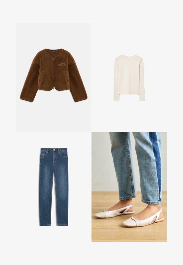 Bruine fleece jas met een ronde halslijn, ritssluiting aan de voorkant en voorzakken. Beschikt over een gestructureerd oppervlak en een klein logo op de borst.; Licht beige lang mouw top gemaakt van zachte stof, met een ronde hals en een ontspannen pasvorm met rechte zoom en minimale stikdetails.; Donkerblauwe denim jeans met een rechte pasvorm, vijf zakken, subtiele stikdetails en een metalen knoop bij de taille.; Zachtroze slingback ballerina's met een spitse neus, gemaakt van een glad leerachtig materiaal. Bevat uitsnijdingen aan de zijkanten en heeft een platte hak.