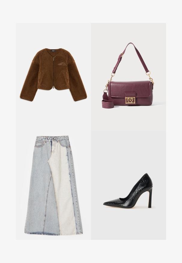 Ruskea fleece-takki, jossa on pyöreä kaula-aukko, vetoketjukiinnitys ja etutaskut. Ominaisuuksiin kuuluu teksturoitu pinta ja pieni logoyksityiskohta rinnassa.; Mustat hihattomat paidat, joissa on ohut spagettiolkaimet, valmistettu ribbikankaasta. Paidassa on suora leikkaus ja kaula-aukon kohdalla on lappu, jossa lukee "IVY OAK."; Hame denim, joka esittelee tilkkutyösuunnittelua vaaleansinisistä ja keskisinisistä osista, repaleisilla helmillä ja korkealla vyötäröllä. Klassinen viisi-taskuinen tyyli.; Musta kapea nilkkakorkokenkä krokotiilin nahkakuviolla, joka on varustettu tyylikkäällä muotoilulla, korkealla stiletto-korkealla ja sileällä mustalla sisäosalla.; Tumma violetti nahkainen olkalaukku, jossa on kultainen sydämen muotoinen lukko ja säädettävä yläremmi valkoisella taustalla.