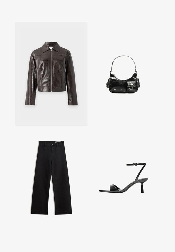 Dunkelbraune Kunstlederjacke im Krokodil-Look mit Frontreißverschluss, Kragen, langen Ärmeln und seitlichen Reißverschlusstaschen.; Schwarzes Kurzarmoberteil aus glattem Stoff; hat einen drapierten Ausschnitt und einen asymmetrischen Saum, mit einem figurbetonten Körper.; Schwarze weit geschnittene Jeans mit hoher Taille, ausgestattet mit Vorder- und Hintertaschen, gesteppten Nähten und einem Knopfverschluss. Glatte Textur.; Bershka High Heel Sandalette - black; Schwarze Lackleder-Handtasche mit geschwungenem Design, einem Schulterriemen, Vordertaschen und silberfarbenen Hardware-Akzenten.