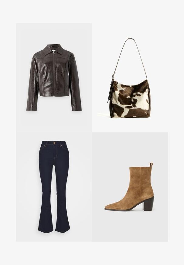 Kurtka z ciemno brązowej sztucznej skóry krokodyla z zamkiem błyskawicznym z przodu, kołnierzem, długimi rękawami i zamykanymi na zamek bocznymi kieszeniami.; Koszula polo z długim rękawem w poziome paski w kolorach brązowym, beżowym i białym, z zapięciem na guziki oraz małym logo "BG" na piersi.; Marks & Spencer Eva - Jeansy Bootcut; Brązowy zamszowy botek sięgający kostki z wąskim noskiem i masywnym czarnym obcasem, przedstawiony na neutralnym tle.; Torebka na ramię z brązowej i kremowej skóry bydlęcej, z gładkim skórzanym paskiem, zamknięciem na zamek oraz miękką, teksturowaną powierzchnią o naturalnym wzorze.