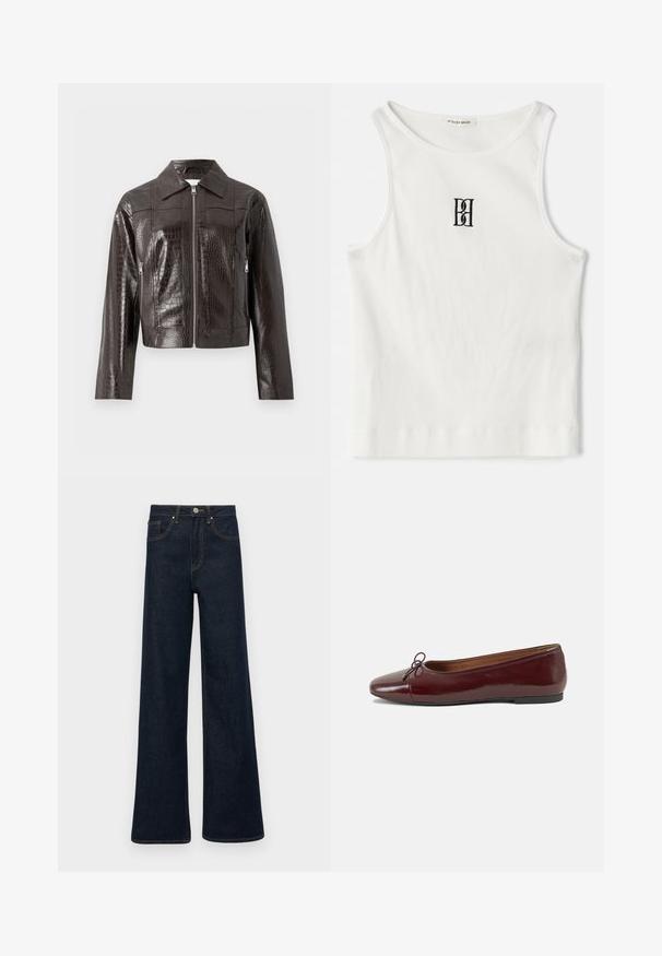 Tmavohnedá umelá kožená bunda s vzorom krokodílej kože, s predným zipsom, golierom, dlhými rukávmi a bočnými vreckami so zipsom.; Biely rebrovaný tielko s čiernym výšivkovým logom umiestneným na hrudi. Výstrih a otvory na rukávy sú dokončené jemným lemovaním.; Tmavomodré široké džínsy s prednými vreckami, pútkami na opasok a gombíkovým zapínaním.; Burgundské lakované balerínky s okrúhlou špičkou, malou mašľou na prednej strane a nízkou čiernou gumovou podrážkou. Hladký povrch.