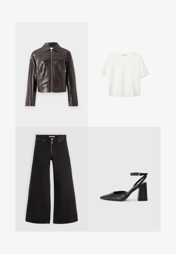 Veste en cuir synthétique noir brun foncé effet crocodile avec fermeture éclair sur le devant, col, manches longues et poches latérales zippées.; T-shirt blanc à manches courtes en coton. Doté d'un col ras du cou et d'une coupe décontractée. Texture lisse sans motifs ni accents visibles.; Jean large en denim noir avec une fermeture éclair à l'avant, un design à cinq poches et des détails de couture subtils. Texture lisse et style décontracté.; Escarpin noir en cuir à bout pointu avec une bride de cheville et un talon épais. Texture lisse, design élégant et esthétique minimaliste.