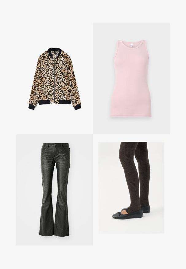 Bomberjacke mit Leopardenmuster aus weichem Stoff, mit einem schwarzen gerippten Kragen und Bündchen, Frontreißverschluss und kontrastierenden Texturen.; Hellrosa Tanktop aus weichem, dehnbarem Stoff. Es hat einen runden Halsausschnitt und schmale Träger, mit einer glatten Textur und einer figurbetonten Passform.; Schwarze Kunstleder-Flared-Jeans mit Fronttaschen, einem Metallknopfverschluss und einer leicht strukturierten Oberfläche. Schmaler Schnitt mit langem Bein.; Schwarze flache Schuhe mit einem kleinen Schleifendetail an der Zehe, kombiniert mit dunkelbraunen gerippten Strumpfhosen. Die Schuhe haben eine glatte Textur und ein niedriges Profil.