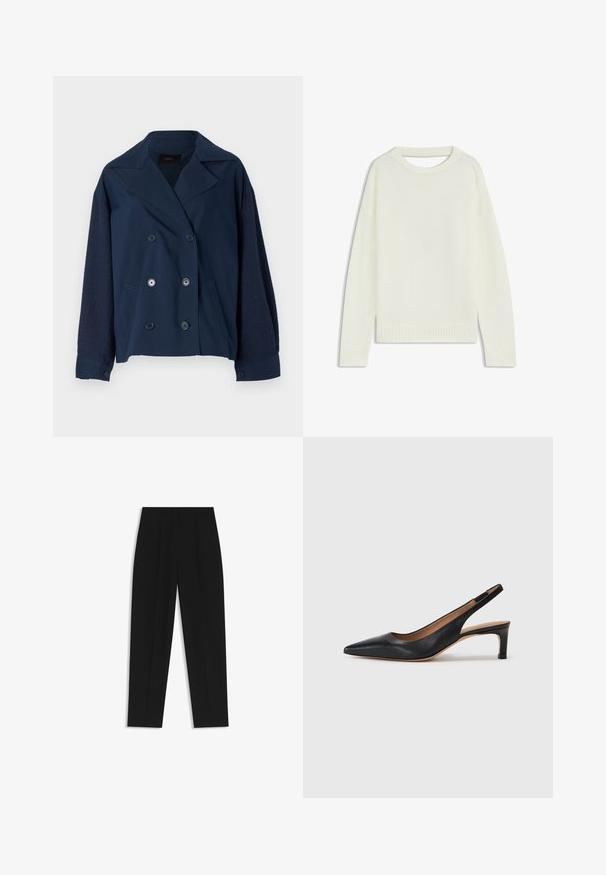 Granatowa dwurzędowa kurtka z wykładanym kołnierzem, z teksturowanymi dzianinowymi rękawami, dwoma przednimi kieszeniami oraz okrągłymi czarnymi guzikami.; Jasny sweter z okrągłym dekoltem, długimi rękawami, prążkowanym wykończeniem i miękką teksturą. Bez wzorów ani widocznych detali metalowych.; Czarne spodnie o prostym kroju, z podwójnymi zakładkami, gładką teksturą i klasycznym krojem w talii. Bez widocznych elementów metalowych ani akcentów.; Czarne skórzane czółenka na potylicy z wydłużonym noskiem, niskim obcasem i gładką fakturą. Posiadają cienki, regulowany pasek zapewniający pewne dopasowanie.
