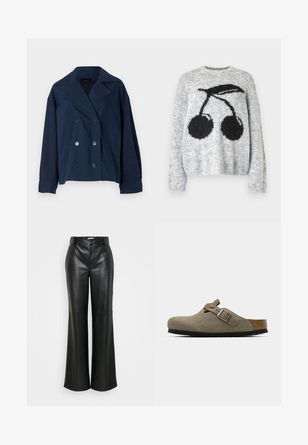 Marineblauwe dubbelgeknoopte blazer met een notch-kraag, voorzien van textuur gebreide mouwen, twee voorzakken en ronde zwarte knopen.; Noisy May NMSUTTON CHERRY - Trui - light grey melange; ONLY Tall ONLSMOOTH WIDE - Broek - black; Suède klompen in licht olijfgroen met een gevormde kurk- en rubberen zool. Voorzien van een zijriem met een metalen gesp en een ronde neus.