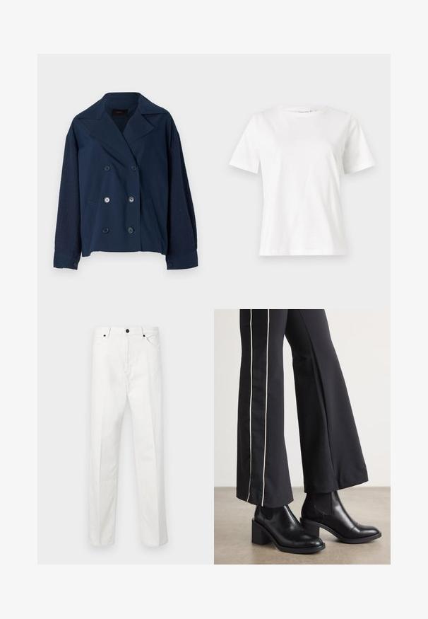 Granatowa dwurzędowa kurtka z wykładanym kołnierzem, z teksturowanymi dzianinowymi rękawami, dwoma przednimi kieszeniami oraz okrągłymi czarnymi guzikami.; Biała bawełniana koszulka z krótkim rękawem, okrągłym dekoltem i luźnym krojem. Gładka tekstura, brak wzorów lub dodatków, minimalistyczny design.; Białe dżinsowe spodnie o prostym kroju, z zapięciem na guziki i dwiema przednimi kieszeniami. Brak widocznych wzorów lub ozdób. Gładka faktura.; Czarne skórzane botki za kostkę na słupku, z elastycznymi panelami po bokach. Połączone z czarnymi spodniami z białym paskiem po boku.