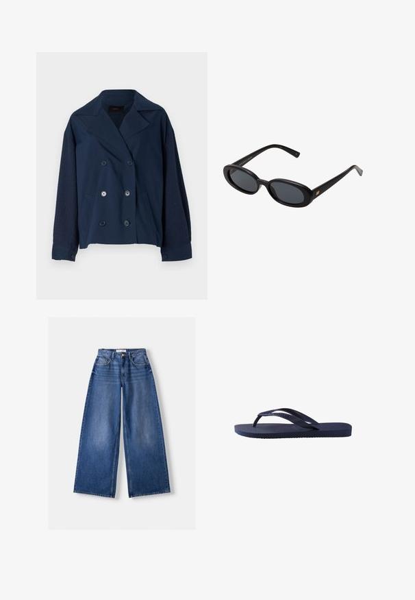Námořnická modrá dvouřadá bunda s klopovým límcem, s texturovanými pletenými rukávy, dvěma předními kapsami a kulatými černými knoflíky.; Bílá bavlněná trička s krátkým rukávem, klasickým výstřihem a volným střihem. Hladká textura a jednoduchý design, bez vzorů nebo akcentů.; Bershka WIDE-LEG - Wide leg - dark blue; Tmavě modré žabky s texturovanými gumovými popruhy a podešví, s vlnkovaným vzorem na popruzích a plochým, vroubkovaným stélkou.; Černé oversized sluneční brýle s oválnými čočkami, hladkým plastovým rámem a zlatými akcenty na spáncích. Tmavé čočky poskytují ochranu před sluncem.; Černá kožená crossbody taška s hlavním oddílem na zip, přední kapsou, stříbrnými prvky a nastavitelným popruhem. Hladký povrch.