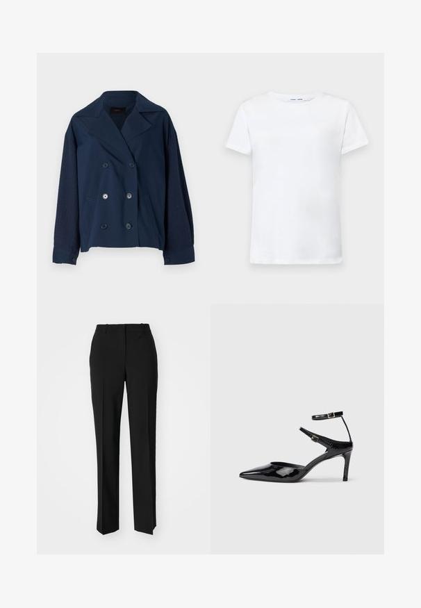 Veste bleu marine croisée avec un col cranté, dotée de manches en tricot texturé, de deux poches avant et de boutons ronds noirs.; T-shirt blanc à manches courtes en coton avec un col ras du cou. Texture lisse et coupe droite, sans motifs ni accents.; Pantalon noir ajusté avec une coupe droite, présentant une texture lisse et des plis nets sur le devant. Aucune quincaillerie visible.; Talons en cuir verni noir avec un bout pointu, des sangles de cheville ajustables et un talon fin. Texture lisse avec une finition brillante.