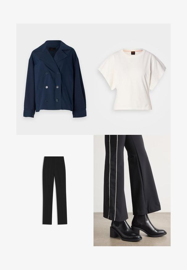 Granatowa dwurzędowa kurtka z wykładanym kołnierzem, z teksturowanymi dzianinowymi rękawami, dwoma przednimi kieszeniami oraz okrągłymi czarnymi guzikami.; Biała, krótka koszulka z szerokimi rękawami, wykonana z miękkiej bawełny, okrągły dekolt z delikatnym pomarańczowym wykończeniem, minimalistyczny design, bez wzorów i grafik.; Czarne spodnie o dopasowanym kroju z prostymi nogawkami, z przednimi kieszeniami i gładką, teksturowaną tkaniną. Schludne, minimalistyczne wykończenie.; Czarne skórzane botki za kostkę na słupku, z elastycznymi panelami po bokach. Połączone z czarnymi spodniami z białym paskiem po boku.
