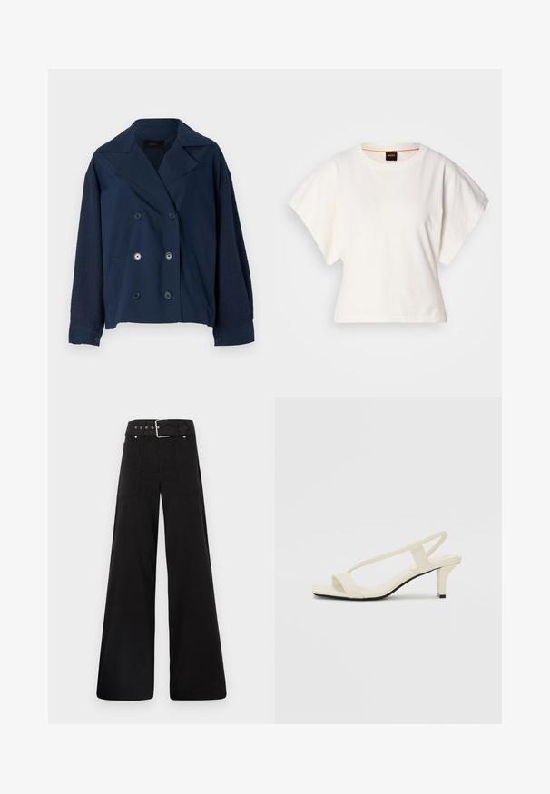 Marineblå dobbeltradet jakke med klassisk krave, der har teksturerede strikærmer, to frontlommer og runde sorte knapper.; Hvid cropped T-shirt, korte brede ærmer, blødt bomuldsstof, rund halsudskæring med diskret orange kant, minimalistisk design uden mønstre eller grafik.; Sorte brede bukser lavet af bomuld, med høj talje, store sidelommer og en bæltestrop med sølvfarvede detaljer.; Beige blokhælede sandaler med tynde remme og en firkantet tå. Glat materiale med minimal detaljering, designet til nem brug.