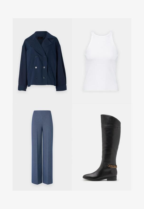 Navy blue double-breasted jacket with a notched collar, featuring textured knit sleeves, two front pockets, and round black buttons.; White sleeveless tank top made of ribbed fabric, featuring a rounded neckline and a fitted silhouette, with minimal seams and no embellishments.; Wide-leg trousers in textured blue fabric with a smooth waistband and sharp creases down the front, showcasing a tailored design.; Tall black leather boots with a sleek design, pointed toe, and a gold chain accent at the ankle. Low block heel. Smooth texture.