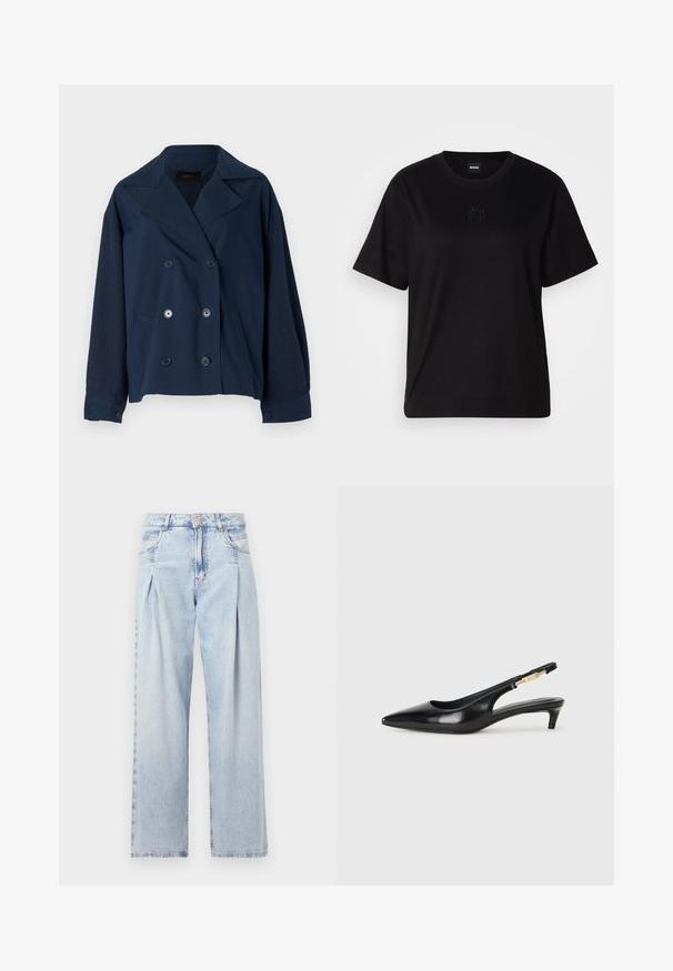 Marineblaue Doppelreiherjacke mit Reverskragen, ausgestattet mit strukturierten Strickärmeln, zwei vorderen Taschen und runden schwarzen Knöpfen.; Schwarzes Baumwoll-T-Shirt mit Rundhalsausschnitt, kurzen Ärmeln und aufgesticktem Logo auf der Brust. Einfacher, lässiger Schnitt ohne Muster.; Helle blaue Denim-Jeans mit hoher Taille, weitem Beinschnitt, zwei seitlichen Taschen und gefaltetem Design. Weiche Textur mit einem ausgebleichten Finish.; Schwarze Leder-Slingback-Pumps mit spitzem Schuhblatt, ausgestattet mit einem schlanken Absatz und einem goldfarbigen Akzent am verstellbaren Riemen. Glatte Textur.