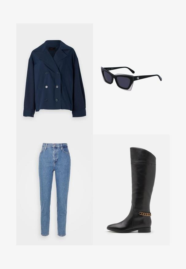 Granatowa dwurzędowa kurtka z wykładanym kołnierzem, z teksturowanymi dzianinowymi rękawami, dwoma przednimi kieszeniami oraz okrągłymi czarnymi guzikami.; Czarna bawełniana koszulka z krótkimi, podwiniętymi rękawami, okrągłym dekoltem i czerwoną metką. Gładka tekstura, dopasowany fason z minimalnymi detalami.; Niebieskie spodnie dżinsowe z wysokim stanem, prostym krojem nogawek, z przodem na guziki i zamek, szlufkami na pasek oraz kieszeniami, wyeksponowane na jednolitym białym tle.; Wysokie czarne skórzane botki o eleganckim designie, ze spiczastym noskiem i złotym łańcuszkiem na kostce. Niski blokowy obcas. Gładka tekstura.; Czarne, oversize okulary przeciwsłoneczne o geometrycznym kształcie, z ciemnymi soczewkami i kontrastującym szarym detalem na oprawie. Logo na ramieniu.; Srebrne kolczyki na biglu o gładkim, błyszczącym wykończeniu. O zaokrąglonym kształcie, lekkim designie, z zamknięciem na zatrzask.