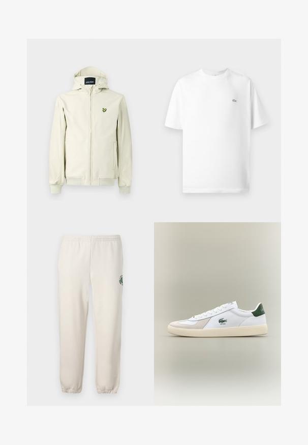Gai beīga kapucēta jakā ar rāvējslēdzēja aizdari, ribotām piedurknēm un apakšmalu. Kreisajā pusē ir zaļš izšūts logs. Gluda tekstūra.; Balts kokvilnas T-krekls arapa apaļu kaklu un īsām piedurknēm. Uz kreisā krūšu viena ir mazs melns Lacoste logo.; Gaiši bēši kokvilnas sporta bikses ar elastīgu jostu, ribotām apakšmalām un zaļu logotipu ar lapu dizainu kreisajā kājā.; Baltie sporta apavi ar zaļiem akcentiem, izgatavoti no zamša un ādas, ar noapaļotu purngalu, teksturētu zoli un izšūtu logotipu sānos un uz mēles.
