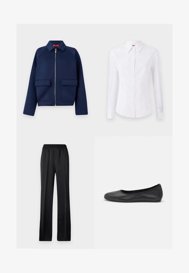 Marineblå cropped jakke lavet af blødt stof, med en frontlynlås, spidse kraver og to store påsyede lommer.; Hvid langærmet skjorte med spids krave, frontlukning med knapper og tætsiddende design. Glat bomuldsstof med subtile syninger.; Sorte, bredbenet bukser med elastisk talje. Fremstillet af et glat, letvægtsstof, med en lige pasform og uden synlige mønstre.; Sort læderballetsko med rund tå, glat tekstur, minimal syning og et fleksibelt såldesign.