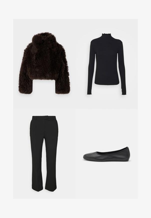 Casaco de pelúcia castanho escuro, cortado, com colarinho alto e mangas longas, apresentando uma superfície texturada e fofa e punhos longos abertos.; Top preto de manga longa com gola alta, feito de um tecido suave, apresentando uma gola fruncida e uma silhueta ajustada com bordas simples.; Calças pretas sob medida com um design de perna reta, apresentando passantes para cinto e bolsos laterais. Feitas de um tecido suave com um acabamento limpo.; Bailarina preta em pele com bico arredondado, textura suave, detalhe de costura minimalista e design de sola flexível.