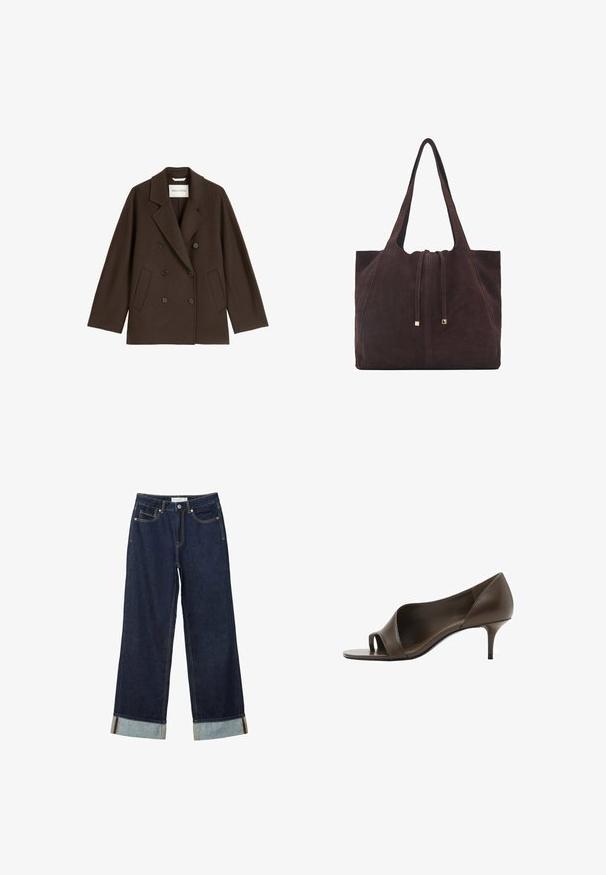Bruine dubbelzijdige jas met een brede revers, twee voorkeurszakken en zwarte knoopaccenten. Gemaakt van een zachte, gestructureerde stof.; Zachte beige lange mouw crewneck trui met geribbelde manchetten, zoom en halslijn, plat weergegeven op een witte achtergrond.; Donkerblauwe wijde jeans met een hoge taille, voorzien van omgeslagen manchetten, contrasterende stiksels en een vijf-pocket ontwerp. Gemaakt van denim stof.; Bruine leren open-toe hoge hak met een gladde textuur en een slanke stilettohak. Kenmerkt zich door een uitsnijding en een minimalistisch ontwerp.; Mango Shopper - dark brown
