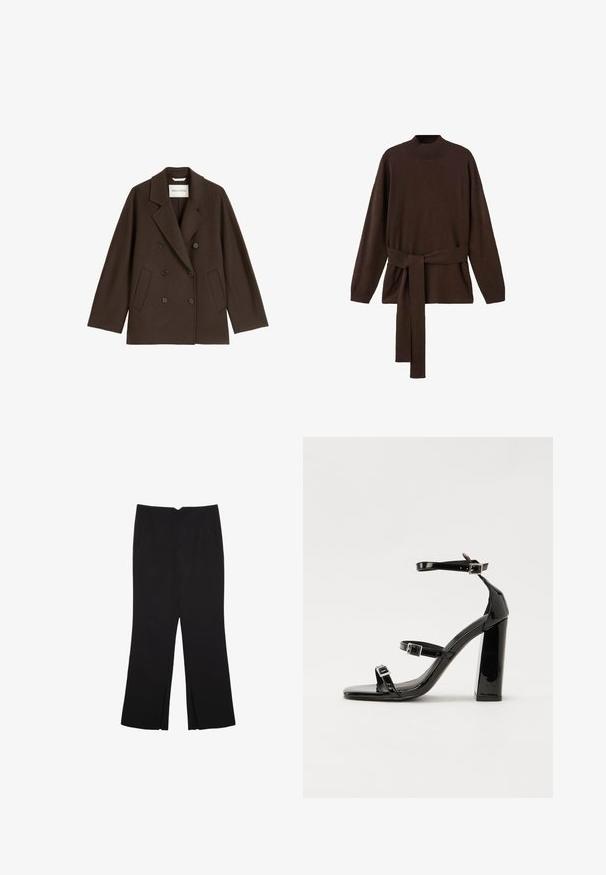 Smeđi dvostruki kaput s širokim reverom, dva prednja džepa i crnim gumbima. Napravljen od mekog, teksturiranog materijala.; Smeđi pleteni pulover s visokim ovratnikom, dugim rukavima i odgovarajućim pojasom. Mekana tekstura i opušteni kroj.; Crne hlače ravnog kroja, s prednjim džepovima i bočnim prorezima na rubu. Izrađene od mekog i glatkog materijala. Pogodne za razne prigode.; Crne lakirane sandale na pete sa kvadratnim nosom, trakama oko gležnja i srebrnim kopčama. Imaju čvrst blok petu za stabilnost.