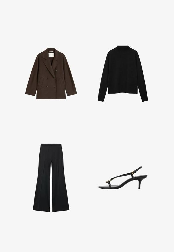 Brun dobbeltbrystet frakk med bred krave, to forlommer og sorte knapdetaljer. Fremstillet af et blødt, tekstureret materiale.; Sort rullekravesweater lavet af blødt stof, med lange ærmer og en afslappet pasform, samt et rent, minimalistisk design.; Sorte brede bukser med en glat tekstur, der har fremadrettede folder og en skræddersyet design. Stofferne er lette og flerdimensionelle.; Sort læder kitten hæl sandal med tynde stropper, guldspænde og minimalistisk tå løkke på en hvid baggrund.