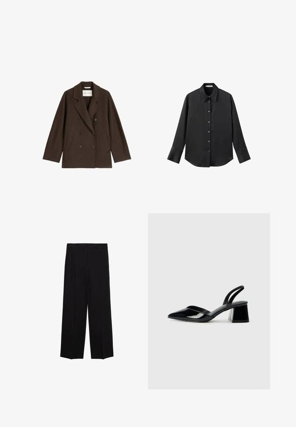 Smeđi dvostruki kaput s širokim reverom, dva prednja džepa i crnim gumbima. Napravljen od mekog, teksturiranog materijala.; Crna košulja dugih rukava od glatkog materijala, s klasičnim ovratnikom, prednjim kopčanjem na dugmad u boji zlatne i širokim manžetnama.; Crne hlače širokog kroja od glatkog materijala, s plisama sprijeda i bočnim džepovima, dizajnirane s ravnim, opuštenim krojem.; Crne lakirane kožne sandale s otvorenom petom i špicastim vrhom, s geometrijskom blok petom. Imaju elegantan, minimalistički dizajn i glatku teksturu.