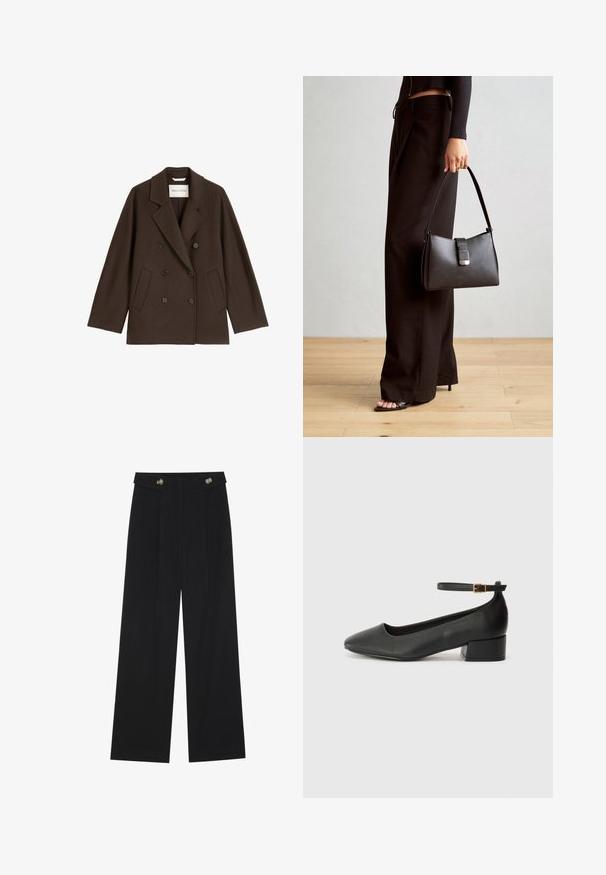 Palton maro cu două rânduri de nasturi, având un rever lat, două buzunare frontale și accente de nasturi negri. Confecționat dintr-un material moale, texturat.; Top din bumbac negru, cu mâneci scurte, cu margine volanată și accente cu fundițe pe mâneci. Prezintă un guler tip echipaj și o croială lejeră.; Pantaloni negri cu picioare largi, talie înaltă, detalii cu butoane pe talie și pliseuri în față.; Pantof cu toc negru din piele, cu vârf ascuțit și toc mic pătrat. Dispune de o curea la gleznă cu o cataramă în tonuri de aur. Textură netedă.; Genți negre cu o formă structurată, textură netedă și un închizător metalic. Asortată cu pantaloni negri largi și sandale cu vârf deschis pe un podea din lemn.