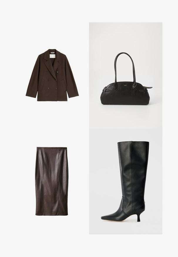 Cappotto marrone doppiopetto con ampio risvolto, due tasche frontali e bottoni neri. Realizzato in un materiale morbido e testurizzato.; Body marrone a maniche lunghe con scollo quadrato e chiusure a scatto all'inguine, realizzato in un tessuto liscio e elastico.; Gonna a matita in pelle marrone con una texture liscia, lunga fino al ginocchio, caratterizzata da cuciture verticali per il design. Senza accessori o dettagli aggiuntivi.; Stivale alto in pelle nera con punta affusolata, design elegante e tacco a cono di 3 pollici. Caratterizzato da un accento dorato sul retro.; Borsa a mano in pelle nera di forma arrotondata, con due manici lunghi, dettagli in oro e un piccolo cartellino attaccato. Chiusura superiore con cerniera.