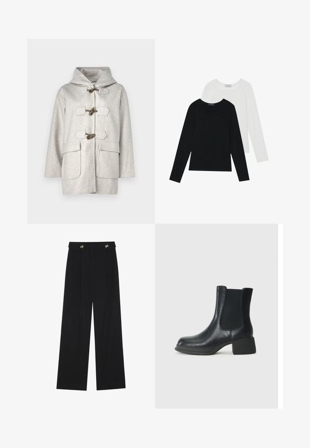 Heledhallhallane villane mantel kapuutsiga, nööbid kinnitamiseks, kaks suurt esist taskut ja õmblustega detailid ääres.; Kaks pikka varrukatoppi, üks must ja teine valge, mõlemad ruudukujulise kaelusega ja valmistatud pehmest, venivast kangast.; Mustad laiad püksid kõrge vöökoha ja nööpdetailidega vööandil, esikortsudega.; Mustadast mustast nahast pahkluu saabas, millel on elastsed külgpaneelid, ümar varvas ja madal plokk kand. Pinndl on sile tekstuur ja minimaalne detailide arv.