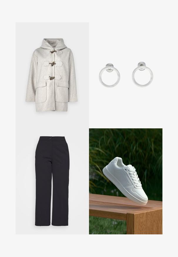 Svetlosivý vlnený kabát s kapucňou, zapínanie na kolíky, dve veľké predné vrecká a prešívanie pozdĺž okrajov.; Even&Odd Petite 2 PACK - Top - light grey/black; Čierne nohavice so širokými nohavicami vyrobené z hladkej látky, s gombíkovým zapínaním a s čistým, upraveným dizajnom bez viditeľných vreciek.; Biele tenisky s hladkým syntetickým zvrškom, perforovanou špičkou, plochými šnúrkami a textúrovanou podrážkou, vystavené na drevenej ploche.; Strieborné kovové náušnice vo forme kruhov s brúsenou textúrou, so zaobleným dizajnom a priehľadným zarážkou pre bezpečné nosenie.