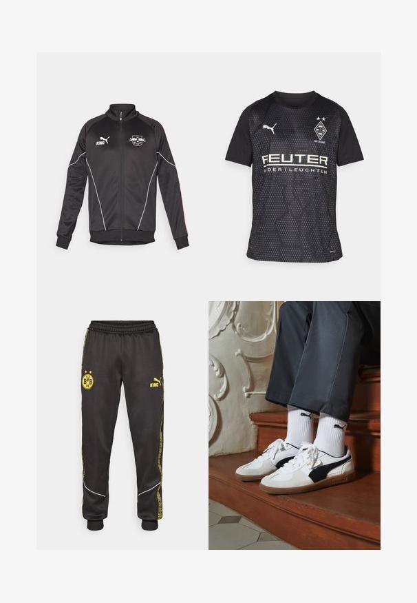 Sort træningsjakke lavet af glat syntetisk materiale. Har hvide pipinger, høj krave, lynlås-lukning og trykte logoer. Røde detaljer på ærmerne.; Sort sports trøje med korte ærmer, prydet med et hexagonalt mønster, Puma-logo og hvid sponsor tekst. Inkluderer klubemblem og to stjerner.; Sorte træningsbukser med gule Borussia Dortmund BVB 09 og Puma King logoer, elastisk talje, og mønstrede gule side-striber.; Puma sneakers i hvid og sort ruskind med en brun gummisål. Bæres med hvide sokker med et sort logo og mørke bukser.