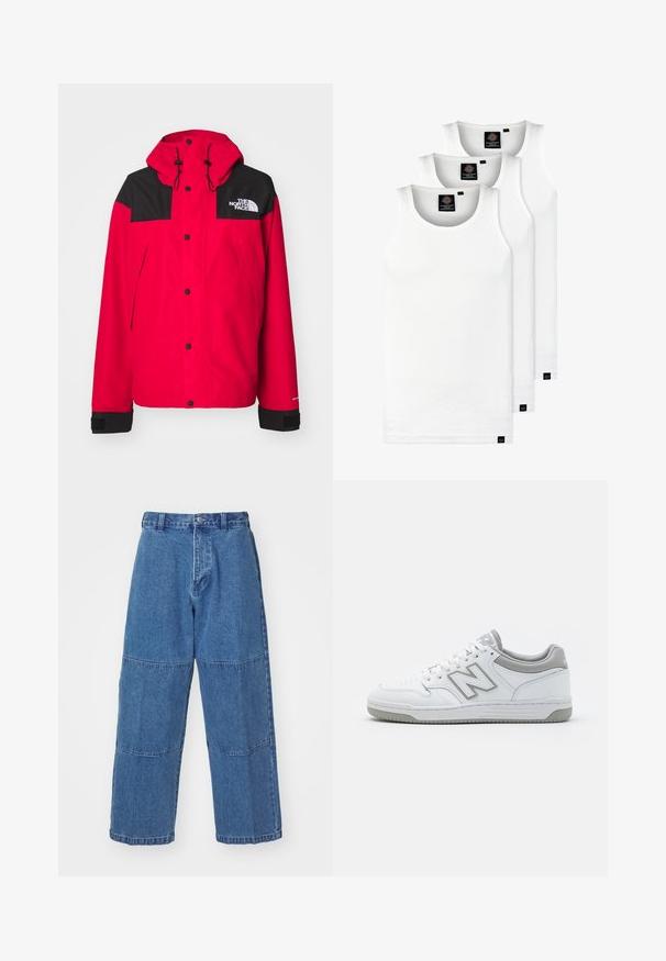 Punainen vedenpitävä takki mustalla yoke-alueella, säädettävä hupullinen, napit ja teksturoitu kangas. Logo sijaitsee vasemmassa ylärinnassa.; Kolme valkoista ribbitekstiilistä toppia, jotka on valmistettu puuvillasta. Ominaisuuksiin kuuluu pyöreä pääntie ja pieni musta etiketti helman lähellä. Saatavilla useissa kooissa.; Vaaleansiniset denimhousut, joissa on rento istuvuus. Housuissa on kaksi erilaista kangaspaneelia, etunappikiinnitys ja leveät lahkeet.; Valkoiset nahkakengät, joissa on harmaita yksityiskohtia, varustettuna rei'itetyllä varvasosalla, tasaisilla nauhoilla ja kuvioidulla pohjalla. New Balance -logo sivussa.