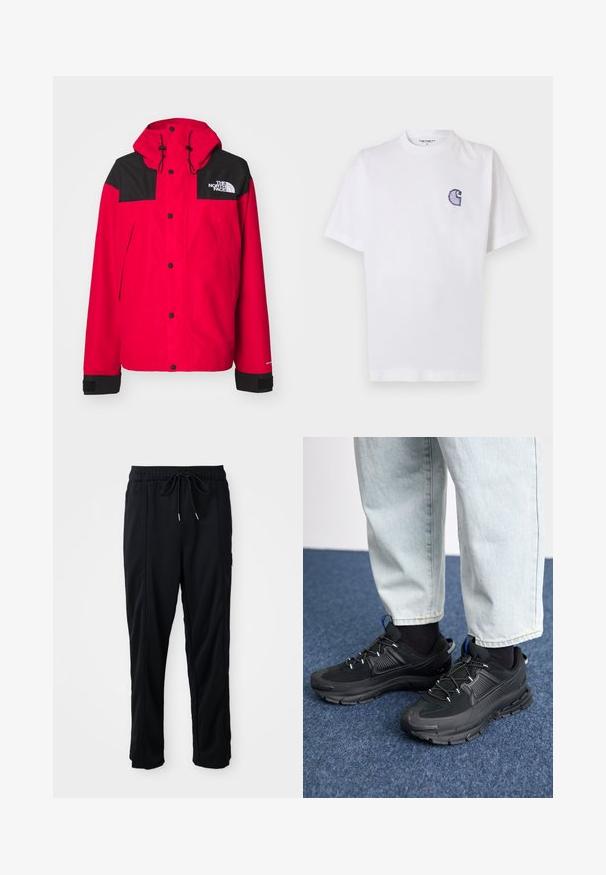 Jachetă impermeabilă roșie cu o yoke neagră, glugă ajustabilă, capse și material texturat. Logo-ul este afișat pe partea superioară stângă a pieptului.; Tricou alb din bumbac, cu mâneci scurte, guler rotund și un mic logo brodat albastru "C" pe partea stângă a pieptului.; Pantaloni casual negri cu șnur la talie, cu buzunare laterale și croială dreaptă, pe un fundal simplu.; Pantofi sport negri, cu țesătură texturată și tălpi din cauciuc, având șireturi elastice și un accent albastru pe toc. Purtați cu pantaloni din denim deschis.