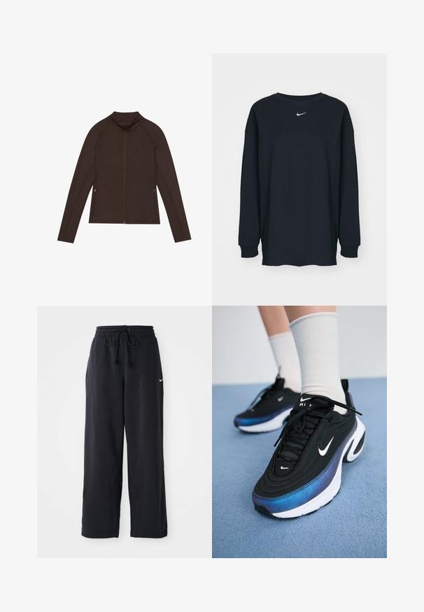 Even&Odd active - Kurtka sportowa; Czarna, długosleeve'owa koszulka z bawełny z okrągłym dekoltem. Posiada białe logo Nike na piersi. Miękka faktura, prosty design.; Czarne dresy z elastycznym pasem i sznurkiem do regulacji, z małym białym logo Nike po lewej stronie.; Czarne sneakersy Nike z gładką tkaniną wierzchnią, wyróżniające się gradientowym wzorem od niebieskiego do czarnego, białą podeszwą i wyraźnymi logo.