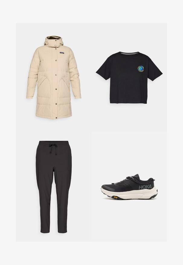 Beige polvisukenttuinen pehmeä talvitakki hupulla, napit edessä ja kaksi suurta etutaskua.; Mustat puuvillaiset lyhythihaiset T-paidat, joissa on pyöreä monivärinen logo rinnassa. Suora helma ja rento istuvuus.; Mustat verkkarit, joissa on elastinen vyötärö, nauhavyö ja sivutaskut. Valmistettu sileästä, kevyestä kankaasta.; Musta urheilujalkine, jossa on hengittävä verkkomateriaali, kumipohja, valkoinen vaimennusrakenne ja heijastavat nauhat. Vibram-logo pohjassa.