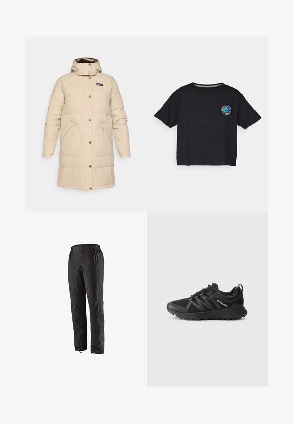 Bež zimski kaput do koljena s kapuljačom, s dugmadi na preklop sprijeda i dva velika prednja džepa.; Crna pamučna majica s kratkim rukavima s okruglim višebojnim logotipom na prsima. Ravni rub i opušteni kroj.; Crne vodootporne hlače s elastičnom trakom u struku, bočnim zatvorenim džepovima, suženim nogavicama i glatkom teksturom. Pogodne za vanjske aktivnosti.; Columbia PEAKFREAK - Obuća za pješačenje - black