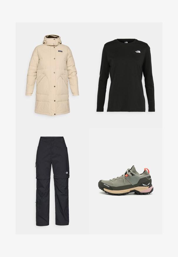Beige színű, térdég érő, párnázott télikabát kapucnival, elöl patentgombokkal és két nagy elülső zsebbel.; Fekete, hosszú ujjú póló pamutból, kerek nyakkal. A bal mellrészen egy kis fehér logó található. Egyszerű dizájn és szabás.; Fekete nylon zipzáras cargo nadrág állítható mandzsettával, több zsebbel és logóval a jobb lábon. Simább, könnyű textúra.; Könnyű zöld túracipő hálós és gumiból készült anyagokkal, fekete tapadós talppal, rózsaszín és narancssárga részletekkel, és megerősített orrrész.