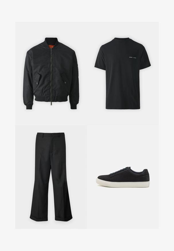 Melna bumbiera jaka ar rāvējslēdzēju priekšpusē, ribotām apkaklēm un aprocēm, sānu kabatām un oranžu iekšējo oderi. Gluda, matēta tekstūra.; Melnās kokvilnas T-krekls ar klasisku apaļu kaklu, īsām piedurknēm un diviem maziem baltiem "SAMSØE" logotipiem uz kreisā krūšu.; Melni plaši bikses ar pogājam jostu un apakšdaļu ar aprocēm, izliktas uz vienkārša balta fona.; Melnas zamšādas sporta apavi ar noapaļotu purngalu, baltu gumijas zoli, kontrastējošām zilo auklēm un gludu faktūru. Minimālistisks dizains bez redzamas logo.