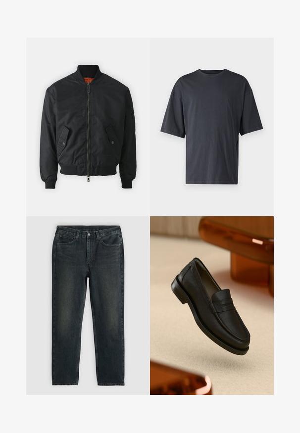 Melna bumbiera jaka ar rāvējslēdzēju priekšpusē, ribotām apkaklēm un aprocēm, sānu kabatām un oranžu iekšējo oderi. Gluda, matēta tekstūra.; Tumši pelēkas īsām piedurknēm T-krekls, izgatavots no viegla kokvilnas, ar brīvu piegriezumu un klasisku apaļu kakla izgriezumu, bez rakstiem un ar vienveidīgu faktūru.; Tumši zili džinsi ar taisnu kāju griezumu, ar piecām kabatām, rāvējslēdzēju un kontrastējošām diegvīlēm. Auduma viegla izbalēšana.; Melns ādas mokasīns ar teksturētu virsmu, ar šuvēm un gumijas zolēm. Novietots uz gaiša fona.