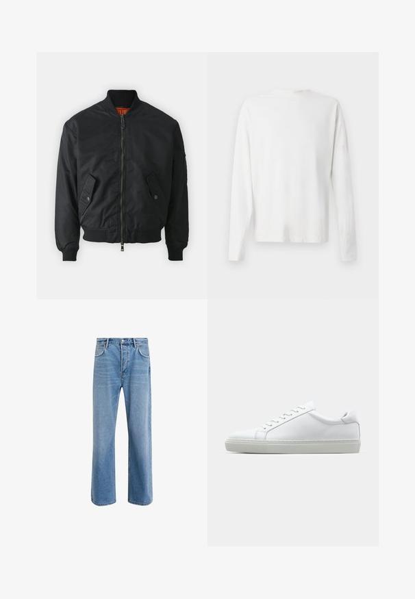 Svart bomberjakke med glidelås foran, ribbet krage og mansjetter, sidelommer og oransje innvendig fôr. Glatt, matt tekstur.; Langermet hvit bomullsskjorte med rund hals, sidespalter nederst og en jevn tekstur, vist fra baksiden.; Lys blå denimjeans med rett ben-design, fem lommer, knappeåpning, minimal falming og kontrasterende sømdetaljer.; Hvit sneakers med en glatt skinnoverdel og lav profil. Har en rund tå, seks snøring hull, og en teksturert gummisåle.