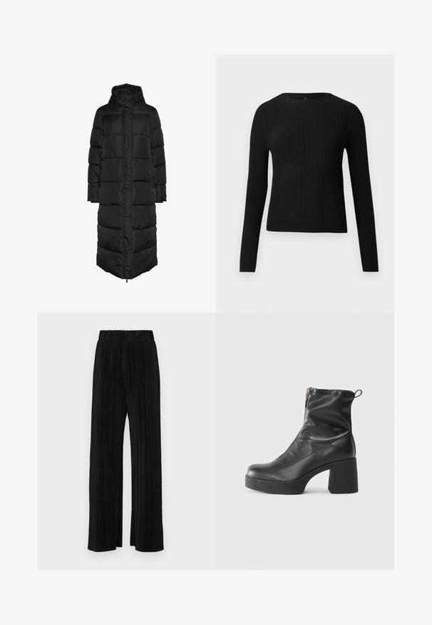 Fekete, hosszú, kapucnis pufi kabát steppelt mintával, elülső cipzárral és nagy, párnázott panellel a szigetelés érdekében. Sima tapintású.; Fekete bordázott, hosszú ujjas, testhez simuló pulóver kerek nyakkivágással, világos, egyszínű háttér előtt kiemelve.; Fekete pliszírozott nadrág gumis derekkal. Széles lábakkal rendelkezik, sima, texturált anyagból készült, függőleges csíkokkal.; Fekete bokacsizmák sima bőrből, oldalsó cipzárral, vastag, texturált sarkú és lekerekített orrú dizájnnal.