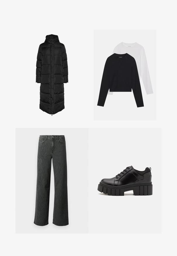 Svart, lång, huvad pufferjacka med quiltat mönster, med dragkedja framtill och stora, vadderade paneler för isolering. Slät yta.; Två långärmade skjortor: en svart och en vit. Båda har rund halsringning, raglanärmar och är tillverkade av en mjuk bomullsblandning.; Videbeniga jeans i mörkgrå denim, med en subtil zebramönstrad struktur, kontrasterande sömmar och fem fickor med knappsgylf.; Svarta läderplattformsskor med en kraftig blockklack, rund tå och traditionell snörningsdesign. Har en slät textur och minimal detaljering.
